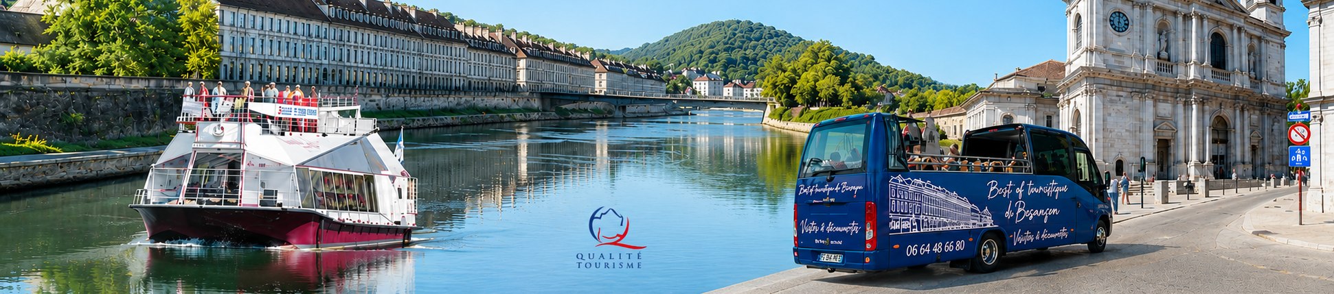 Le bateau Le Battant sur le Doubs et le bus cabriolet devant l'église Sainte-Madeleine, les deux activités du pass