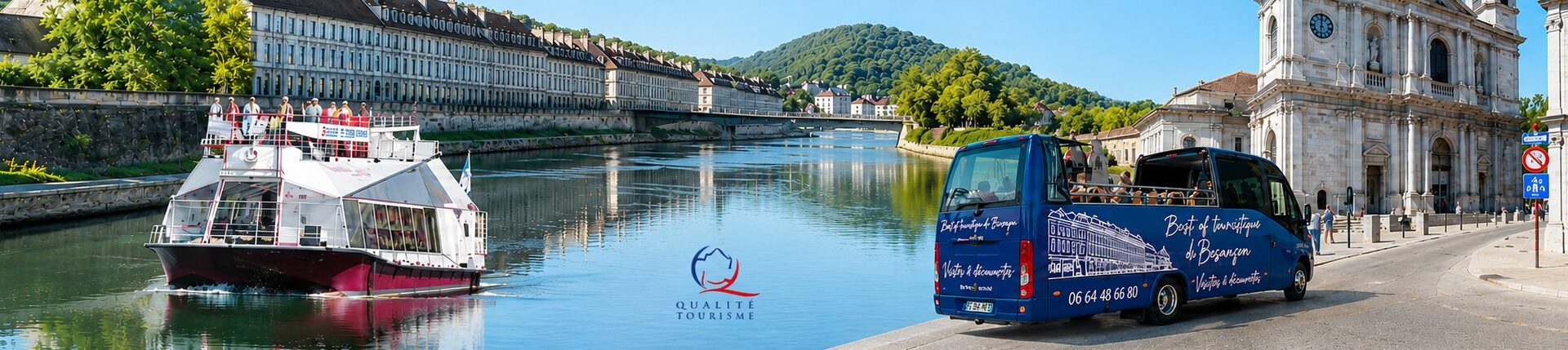 Le bateau et le bus cabriolet des Vedettes de Besançon